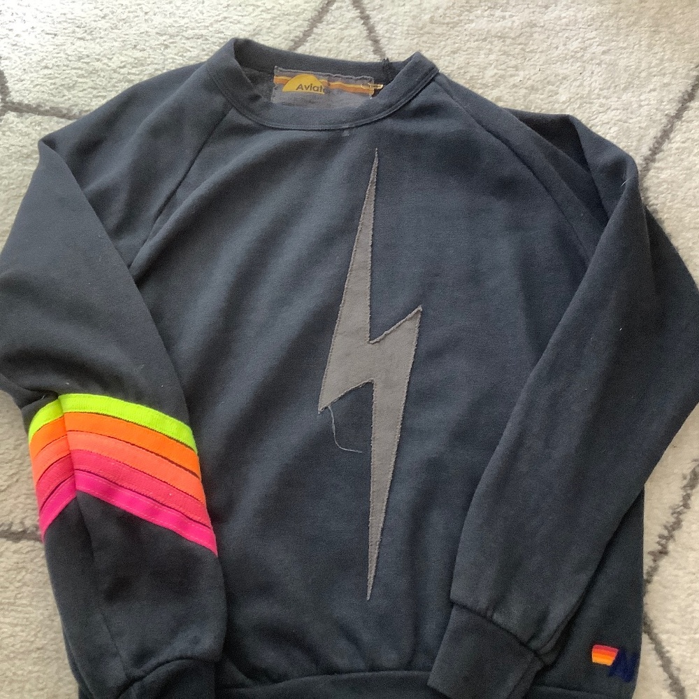 Aviator Nation Charcoal Lightning Bolt Crewneck Size … Gem